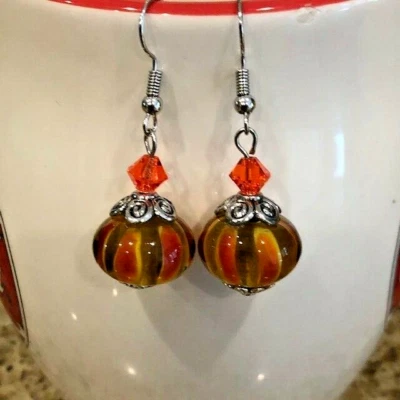 Murano Glass Earrings with Tibetan Silver Spacers and Orange Crystal Bead, New - Image 1 of 4