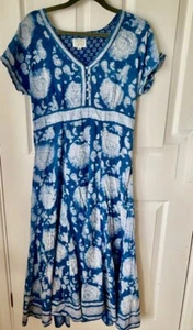 ANOKHI for EAST Kleid 12 blau Baumwolle Blumen Hand Blockdruck Midi Länge - Bild 1 von 15