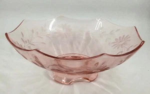 Pink Console Bowl Elegant Glass Etched - Flowers & Leaves - Picture 1 of 6
