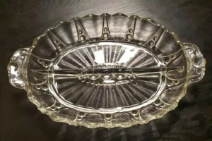 Vintage Clear Glass Oval Relish Dish, 2 Sections, handles, sawtooth edge - Picture 1 of 6