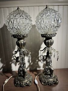 VTG Pair Hollywood Regency Cherub Brass Lamp Diamond Point Clear Glass Globes