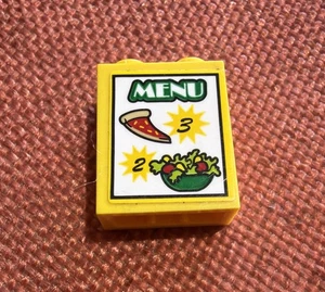 LEGO Yellow brick w MENU sticker ref 3245cpb052 / Set 60150 Pizza Van - Picture 1 of 5