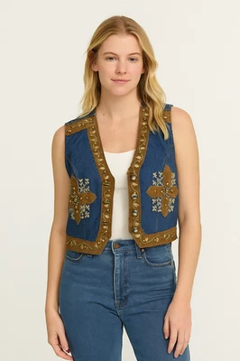 Western Blue Vest Size Medium Studded Cropped Sleeveless Cross Cowgirl Rodeo - Image 1 of 4