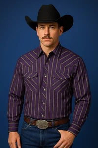 Wrangler Herren Western Pearl Snap lila schwarz silber gestreift Langarm Hemd L - Bild 1 von 9