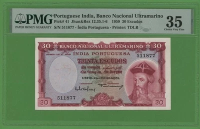PORTUGUESE  INDIA  30 ESCUDOS 1959  PICK # 41  PMG 35 CHOICE VERY FINE - Image 1 of 2