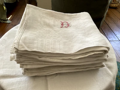 Vintage Serviettes, Letters DB Cotton Damask Napkins, French Table Linen 6pc - Image 1 of 4