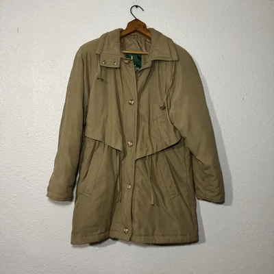 Gabardina Larry Levine de microfibra para mujer talla S beige con capucha cordón cintura Foto 1 de 4