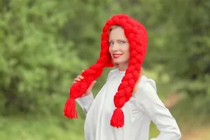SuperTanya red hat cable knit hat with braids red riding hood hat funny hat - Picture 1 of 6