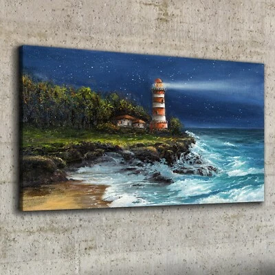 Canvas Wandbild Leinwand Bilder 100x50 Gemälde Küste Ozean Wellen Leuchtturm - Bild 1 von 4