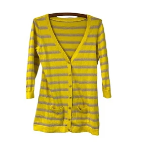 Juicy Couture Yellow Beige Striped Gold Buttons Cardigan Sweater Size Medium - Picture 1 of 6