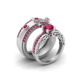 Lab Created Pink Ruby Filigree Matching Bride and Groom Wedding Ring Set His Her - Picture 1 of 7