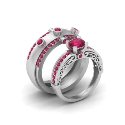 Lab Created Pink Ruby Filigree Matching Bride and Groom Wedding Ring Set His Her - Image 1 of 4