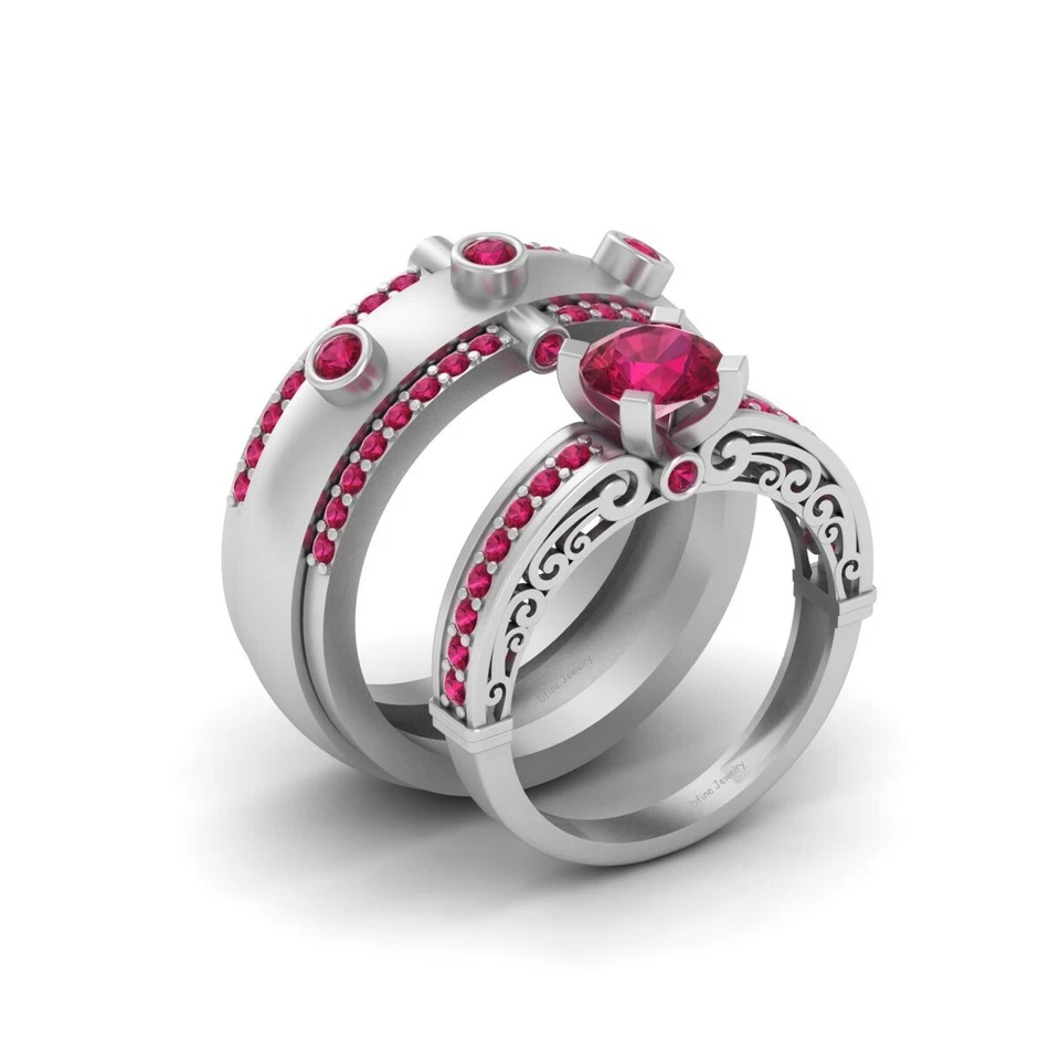 Lab Created Pink Ruby Filigree Matching Bride and Groom Wedding Ring Set His Her - Image 1 of 4