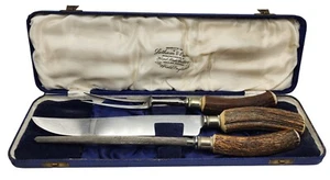 Antique LATHAM & OWEN Antler Handled Large Carving Fork Knife Sharpener Set - Picture 1 of 6