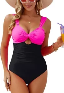 One Piece Swimsuit, Tummy Control, High Waisted Bathing Suit, Black & Pink, Med - Picture 1 of 5