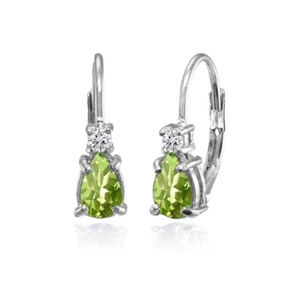 Sterling Silver Peridot & White Topaz Dainty Teardrop Huggie Leverback Earrings - Picture 1 of 3