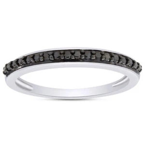 Real Black Diamond Accent Half Eternity Wedding Band Ring 925 Sterling Silver - Picture 1 of 15