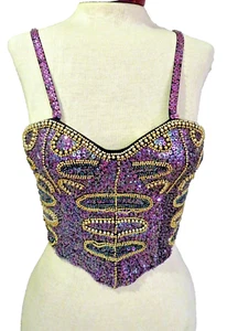 Ultra Pink Beaded Tank Bodice Top Boned Halter Built in Bra Black S NWOT Vintage - Picture 1 of 9