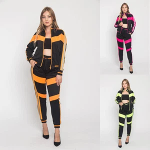 Women's Reflective Neon Stripe Outfits Sweatshirt and Pants Tracksuit Set VL213 - Picture 1 of 17