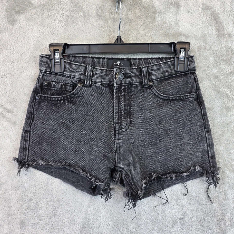 Pantalones Cortos 7 For All Mankind Niñas 12 Negros Lavado Denim Corte Deshilachado Dobladillo Elástico Foto 1 de 4