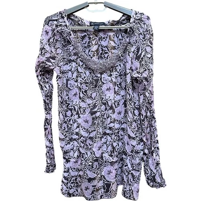 INC Top 6 Pink Blue Sequin Beaded Floral Sheer Silk Embellished Collar Chiffon - Image 1 of 4