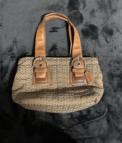 Borsa a mano piccola Coach Signature in tela #F12310 bordo in pelle marrone cachi