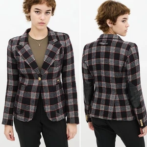 Smythe Duchess Blazer Black Plaid Check Gold Buttons Elbow Patches Jacket Size 6 - Picture 1 of 11