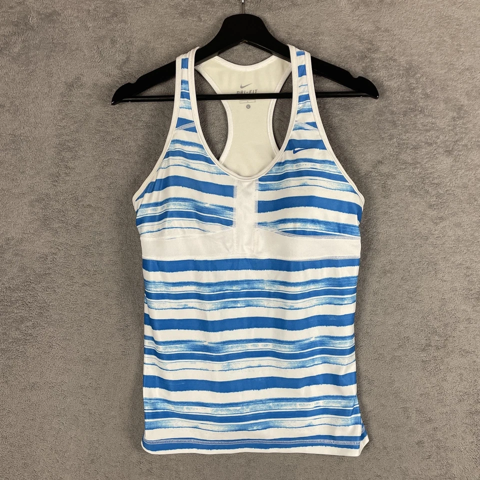 Camiseta sin mangas Nike Dri Fit para mujer grande azul blanco a rayas sujetador incorporado atlético Foto 1 de 4