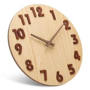 Wall Clocks 12 Inch Silent Non Ticking Battery Operated Rustic Round Wood Color - Picture 1 of 7