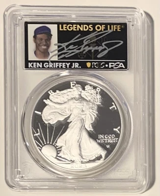 Ken Griffey Jr 2023 1 OZ Silver Eagle PRUEBA AUTOMÁTICO PSA PCGS PR70DCAM PRIMER GOLPE Foto 1 de 4