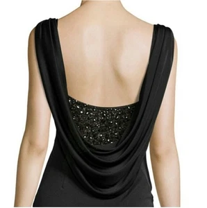 Vestido negro formal Monique L'huillier drapeado capucha espalda detalle cuentas talla 4 - Imagen 1 de 11