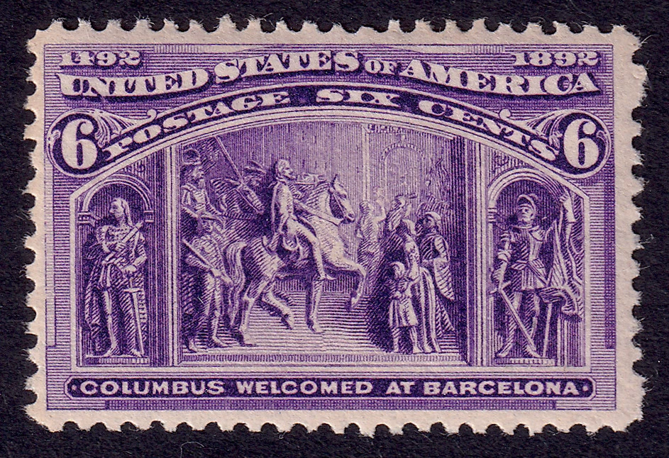 US Scott 235, 1893 Columbus Welcomed at Barcelona, 6c purple, NH MINT - Image 1 of 1
