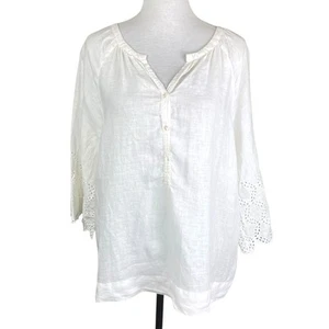 Chico’s Sz 2 Eyelet Sleeve 100% Linen White V-neck Popover Blouse Coastal Casual - Picture 1 of 13