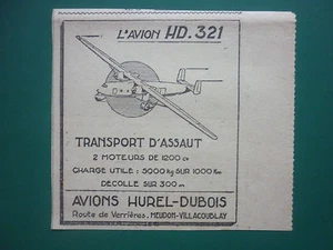 1952-1953 PUB AVIONS HUREL-DUBOIS MEUDON VILLACOUBLAY AVION HD.321 ORIGINAL AD - Imagen 1 de 1