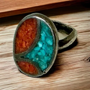 Indianer Türkis Koralle Sterlingsilber Ring 4 Kinder Pinkie Mosaik zerkleinert - Bild 1 von 9