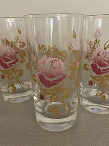 Vtg Pink Rose Highball Iced Tea Glasses Collins Set of 6 Floral Barware Roses - Picture 1 of 16
