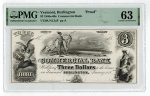 1830er-60er Burlington Vermont COMMERCIAL BANK 3 $ veraltete Währung PP PMG63 - Bild 1 von 2