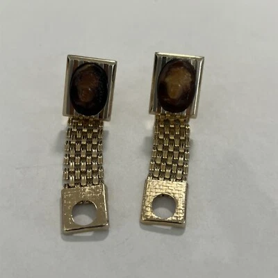 Винтажные запонки Hickok обернутые вокруг сетки коричневое художественное стекло камея овальный золотой тон - Изображение 1 из 4