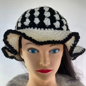 Crochet Bucket Hat Granny Square Pattern Black and White Adult Size Handmade - Picture 1 of 5