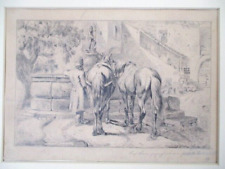 Emil F. Adam1843- 1924 München feinste Zeichnung Hof mit Pferden handsig. 1855