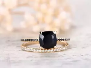 2.40Ct Simulated Black Diamond Engagement Bridal Ring Set 14K Yellow Gold Finish - Picture 1 of 9