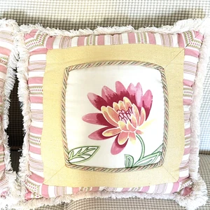 2 Vintage CROSCILL Throw Pillows Yellow Floral Fringe Braided Cotton Silk 17" - Picture 1 of 8