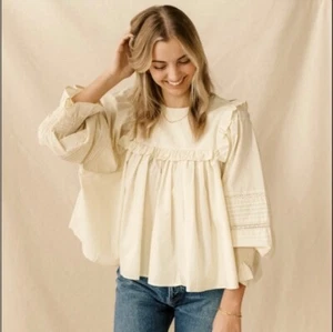 NWT Meadows Fleur Cotton Off White Top Peasant Lace Blouse - One Size Spring - Picture 1 of 13