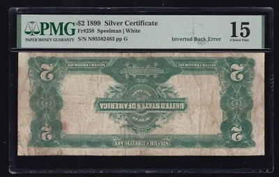 US 1899 $2 Silver Certificate INVERTED BACK ERROR FR 258 PMG 15 (483) - Image 1 of 2