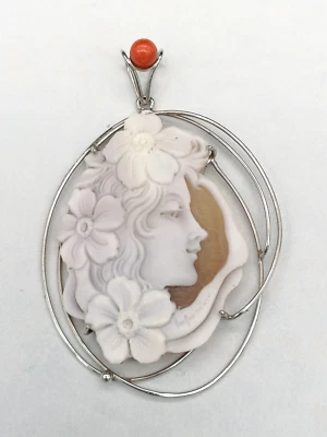 ciondolo grande donna vero cammeo inciso volto donna argento bianco - Immagine 1 di 4