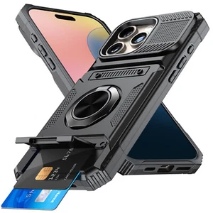 For iPhone 16 Pro Max Plus Hidden Flip Card Slot Wallet Case Ring Holder Cover - Picture 1 of 63