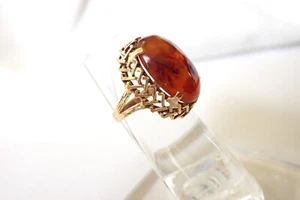 Vintage 14K Yellow Gold 585 Large Oval Baltic Amber Cabochon Cocktail Ring Sz 4 - Picture 1 of 14