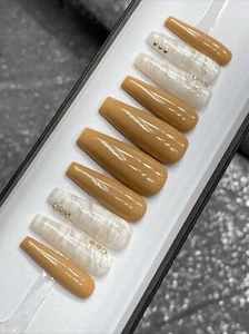 🔥CUSTOM Gel Press On False Nails, Tan Nude W/ Bling ,Long Coffin,10p Mediun NEW - Picture 1 of 8