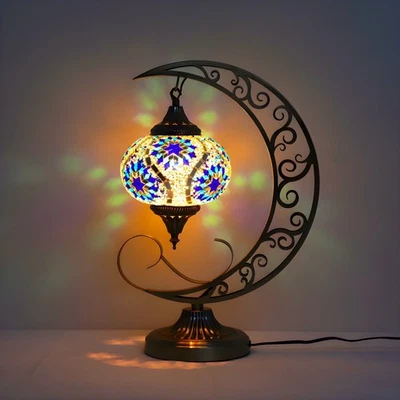 Beautiful Turkish Mosaic Stained Glass Crescent Moon Bedside Table Lamp - Image 1 of 2