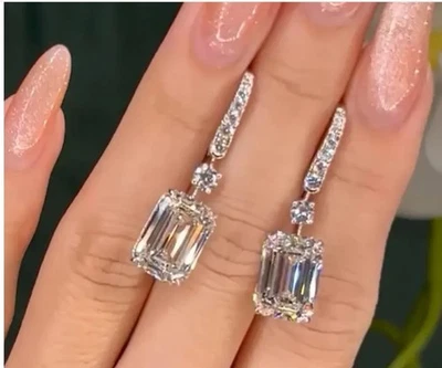 5.10 Ct Emerald-Cut VS1 Lab Grown Diamond Drop Dangle Earring 14k White Gold - Image 1 of 4